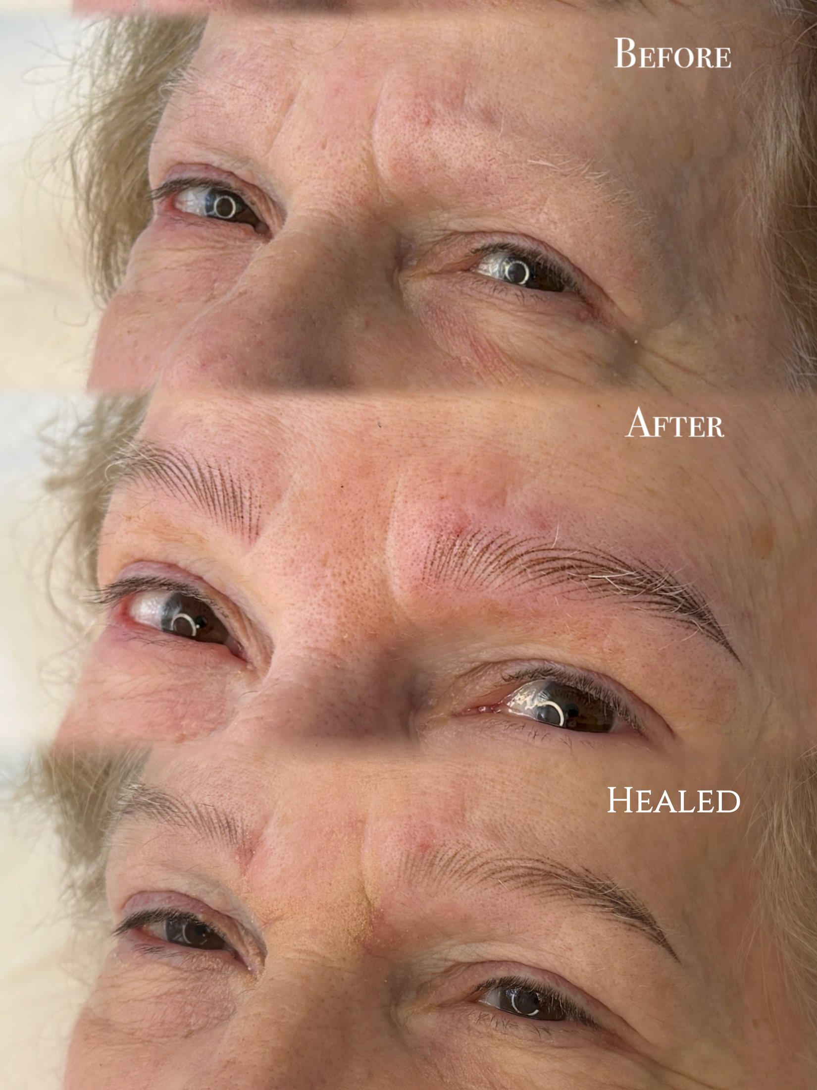 Studio Kypris brow transformation showing before, freshly completed, and healed results
